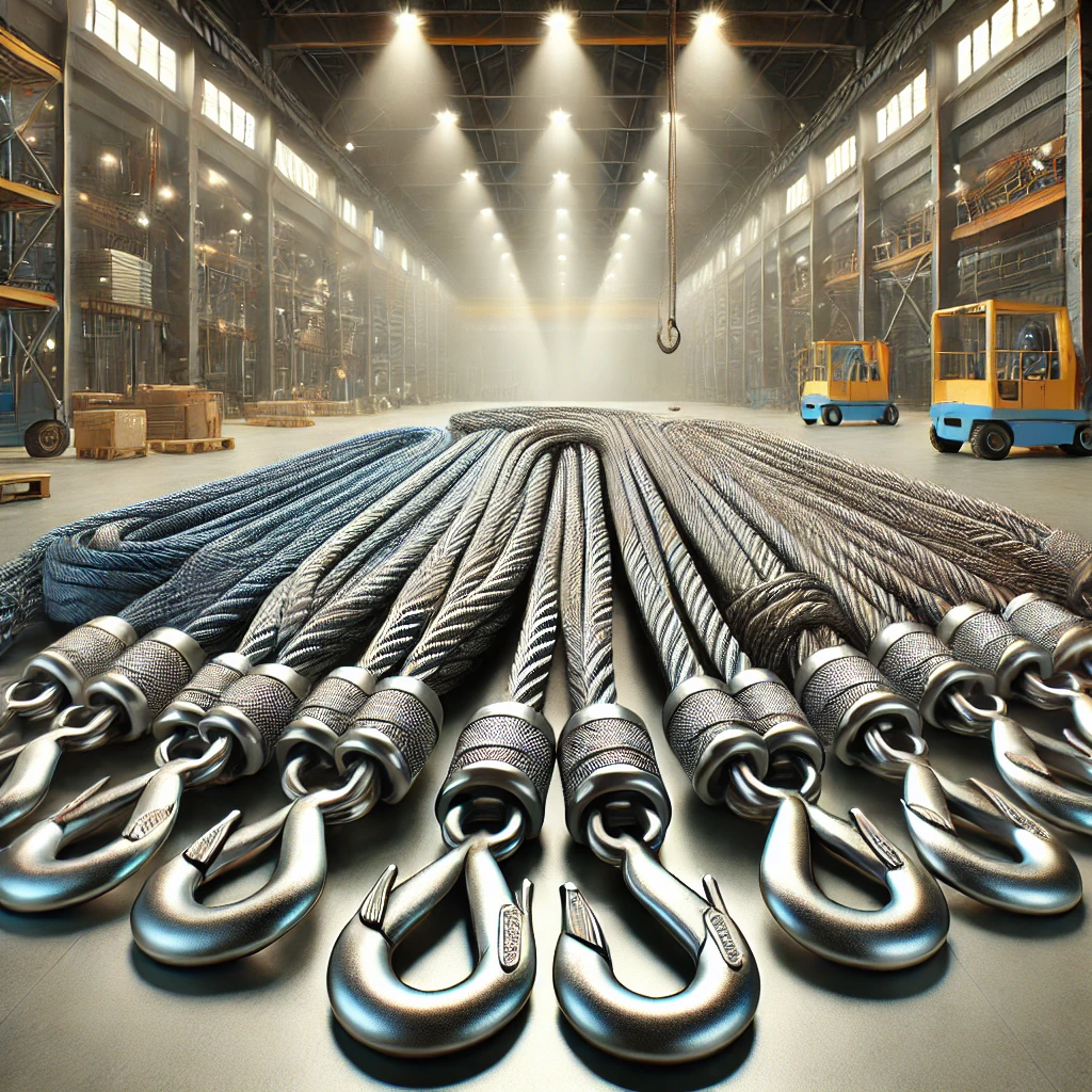 Illustration of wire rope sling core types Fiber Core (FC), Steel Core (IWRC), Strand Core (WSC), and Plastic-Coated Core, with clear labels.
