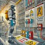 Illustration of Lockout/Tagout/Tryout (LOTOTO) procedures in an industrial setting, featuring a worker in arc flash-resistant PPE near high-voltage equipment with lockout devices and safety tags.