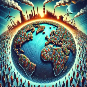 An illustration showing overpopulation: A small Earth surrounded by a dense crowd of people from diverse backgrounds, with factories emitting smoke in the background, symbolizing resource strain and environmental impact.