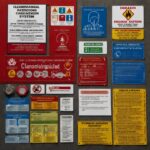 Illustration of the NFPA hazard classification system featuring the NFPA diamond symbol with labeled quadrants for flammability, health, reactivity, and special hazards, surrounded by fire safety equipment and industrial buildings.