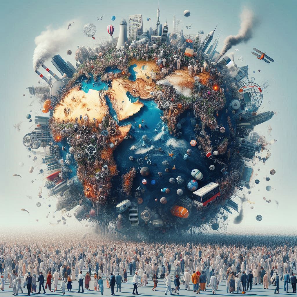 An illustration depicting world overpopulation, pollution, global warming, and climate change. The image features crowded cities, polluted landscapes, melting ice caps, and rising temperatures.