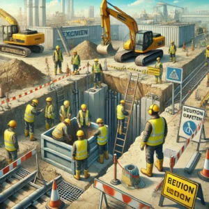 Excavation safety at a construction site. The scene shows workers wearing proper PPE, including helmets, gloves, and high-v