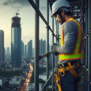 Worker works at height and watching below the traffic.