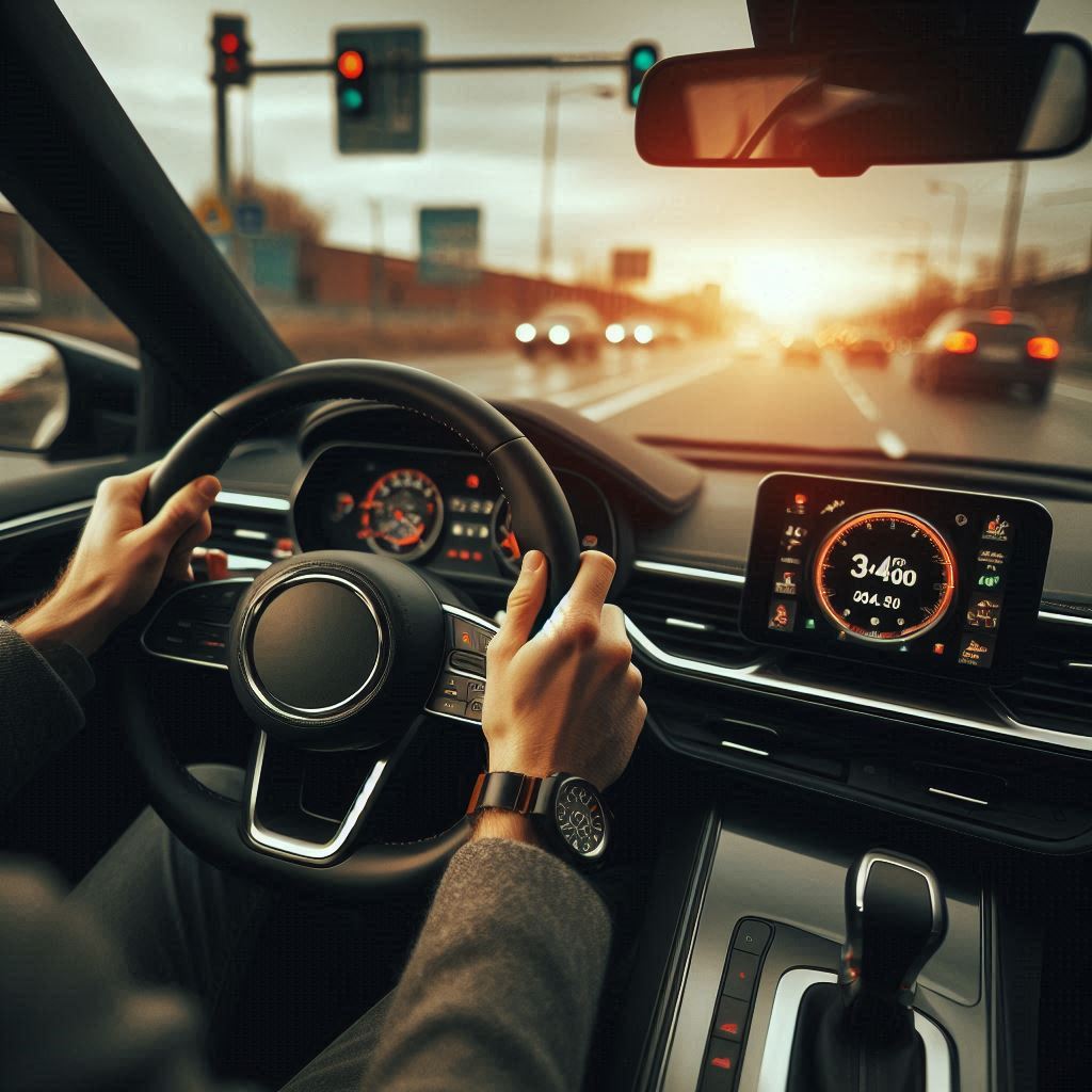 A person driving a car, showing the dashboard and steering wheel, with the driver looking at road signals