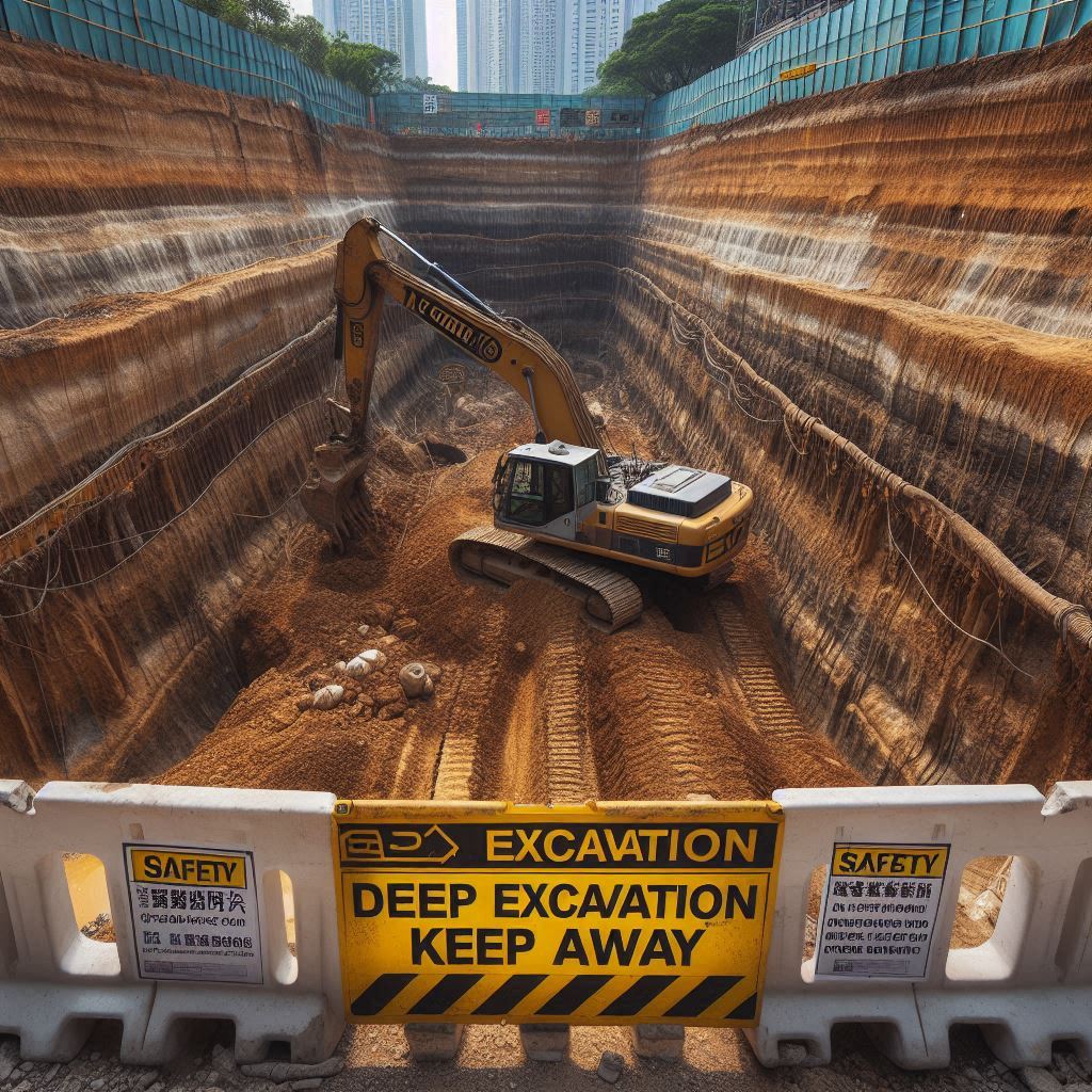 An excavated pit with hard barricading, an excavator excavating the soil, and safety posters displayed with the message: "Deep Excavation, Keep Away."