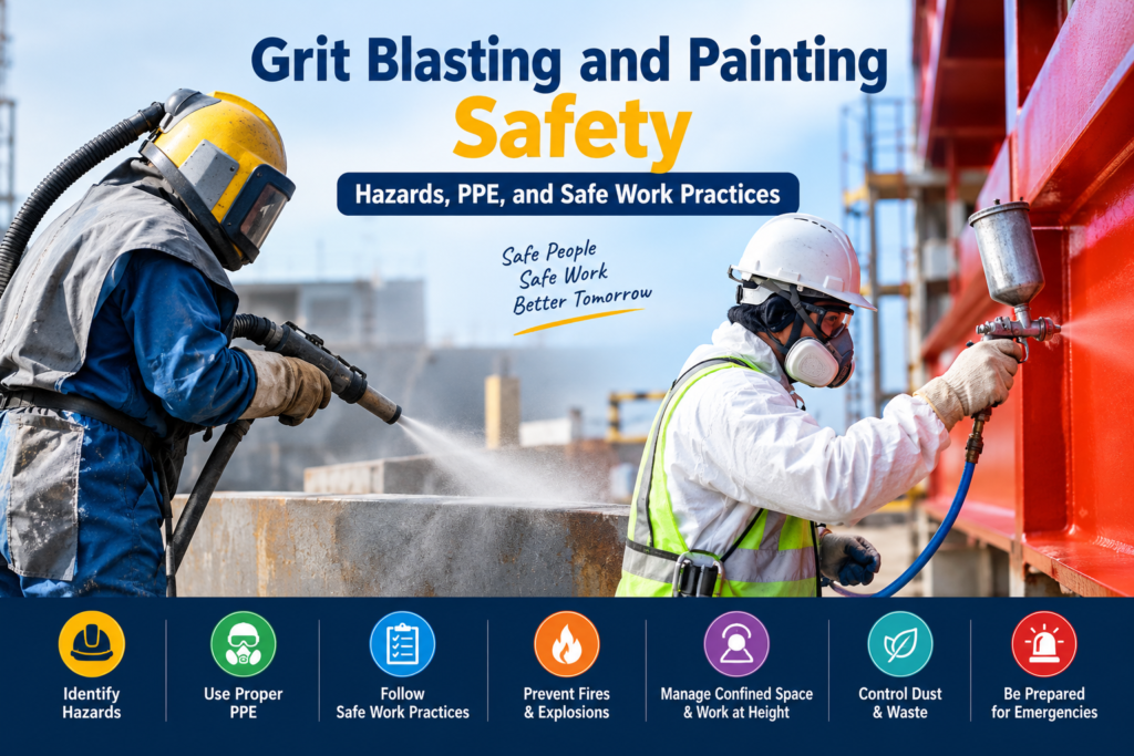 Grit blasting and industrial painting safety banner showing workers wearing protective equipment and reminders about PPE, hazard control, fire prevention, dust control and emergency preparedness.