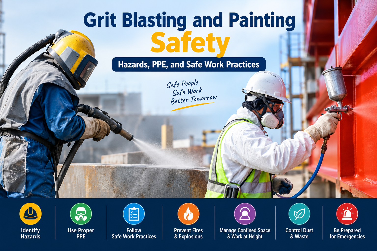 Grit blasting and industrial painting safety banner showing workers wearing protective equipment and reminders about PPE, hazard control, fire prevention, dust control and emergency preparedness.